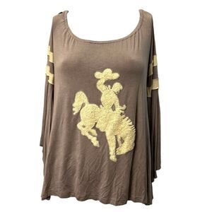 Ladies Small Bucking Bronco Cowboy Long Bell Sleeve Tunic Blouse Rodeo Top Horse